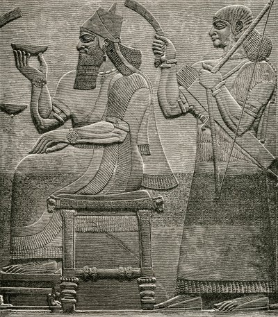 Ashur-nasir-pal II, van een bas-reliëf in het British Museum, uit The Worlds Inhabitants door G.T. Bettany, gepubliceerd 1888 door English School