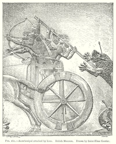 Assurbanipal aangevallen door leeuwen. Brits Museum (gravure) door English School