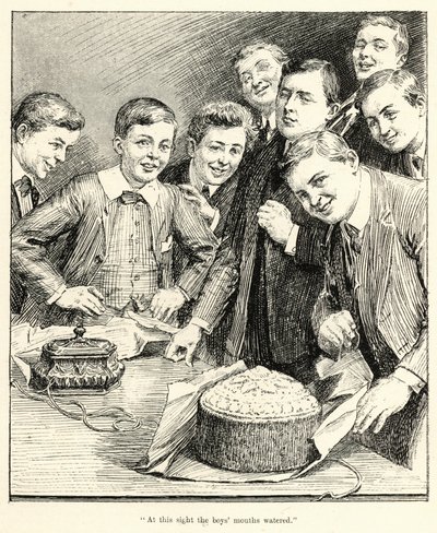 "Bij dit gezicht liep het water de jongens in de mond" (gravure) door English School