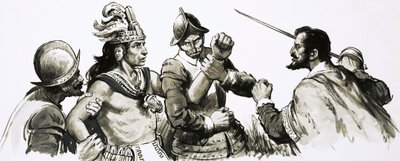 Atahualpa, de Inca god-koning, kwam de binnenvallende Spanjaarden vriendelijk tegemoet door English School