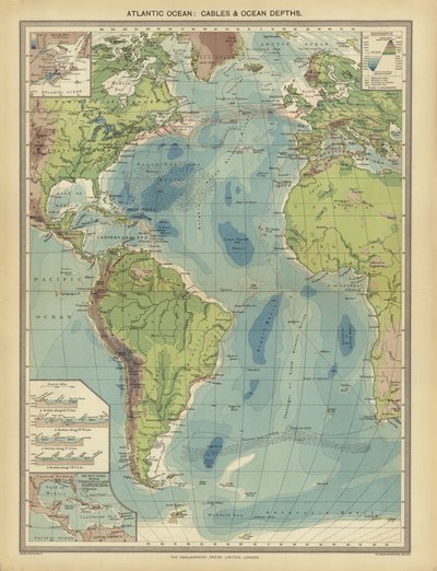 Atlantische Oceaan, kabels en oceaandiepten door English School