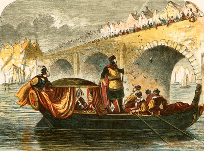 Poging om de schuit van Eleanor, koningin van Hendrik III, bij de Londense brug te laten zinken door English School