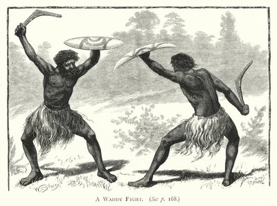 Australië: Een Waddy Gevecht (gravure) door English School