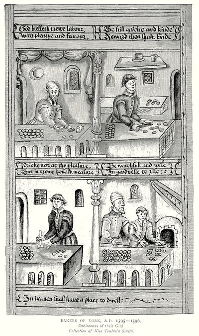 Bakkers van York, AD 1595-1596. Verordeningen van hun gilde (gravure) door English School