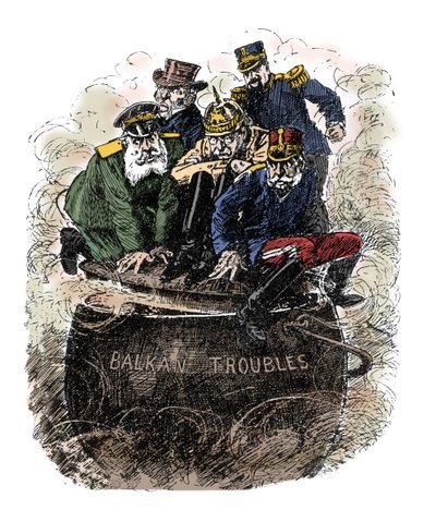 Problemen op de Balkan - De grote Europese mogendheden vertegenwoordigd door Groot-Brittannië, Frankrijk (Armand Fallieres), Rusland (Nicholas II), Duitsland (Willem II) en Oostenrijk-Hongarije proberen de conflicten op de Balkan in de kiem te smoren door  door English School