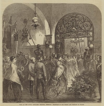 Bal op de Royal Artillery Grounds, Finsbury, ontvangst van de Prins en Prinses van Wales (gravure) door English School