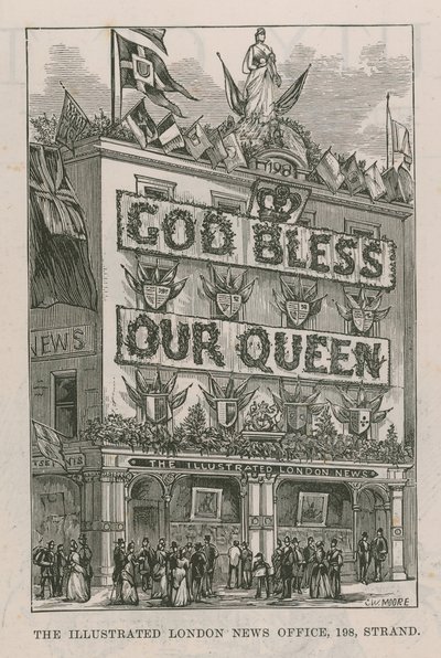 Banier die de kantoren van de Illustrated London News siert door English School