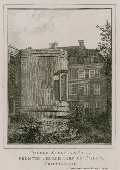Barber Surgeons Hall, Monkwell Street, Londen, gezien vanaf het kerkhof van St Giles, Cripplegate door English School
