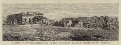 Kazerne in Cawnpore, verdedigd door generaal Wheeler in 1857, tot deze toestand gereduceerd (gravure) door English School