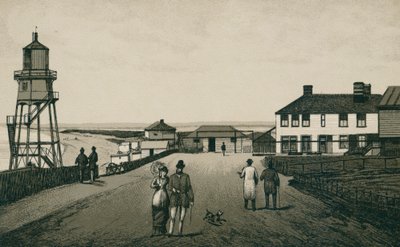Badhuis en zandstrand, Dovercourt (litho) door English School