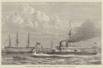 Slagschepen van 1800 en 1875, Nelsons "Victory" en de "Devastation" (gravure) door English School