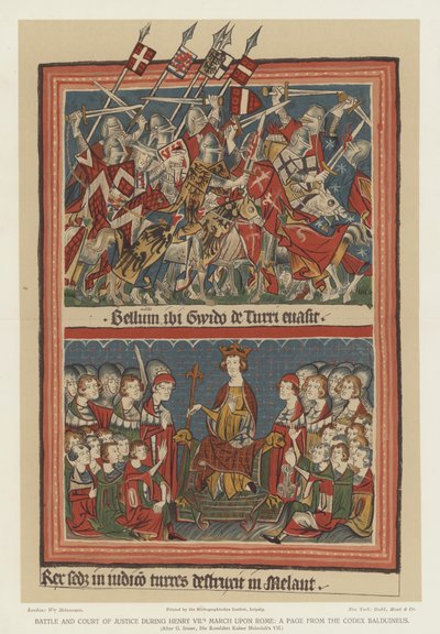 Slag en gerechtshof tijdens de mars van Hendrik VII naar Rome (kleur litho) door English School