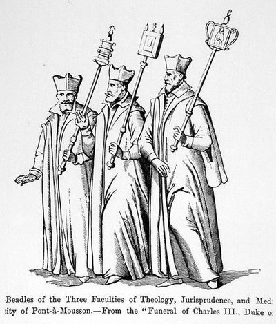 Dienaren van de Drie Faculteiten van Theologie, Rechtsgeleerdheid en Geneeskunde, uit De Begrafenis van Karel III (1543-1608) Hertog van Lotharingen, illustratie uit Wetenschap en Literatuur in de Middeleeuwen en de Renaissance, geschreven en gegraveerd do door English School