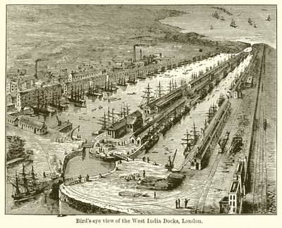 Vogelvlucht van de West India Docks, Londen door English School