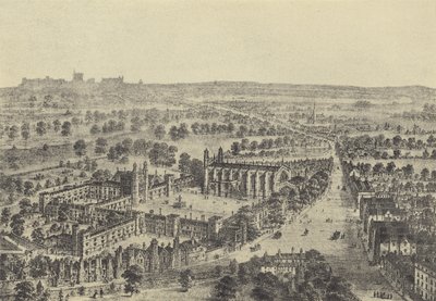 Vogelperspectief van Eton en Windsor (gravure) door English School