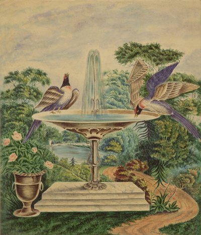 Vogels in een Fontein in een Landschapspark, ca. 1840 door English School