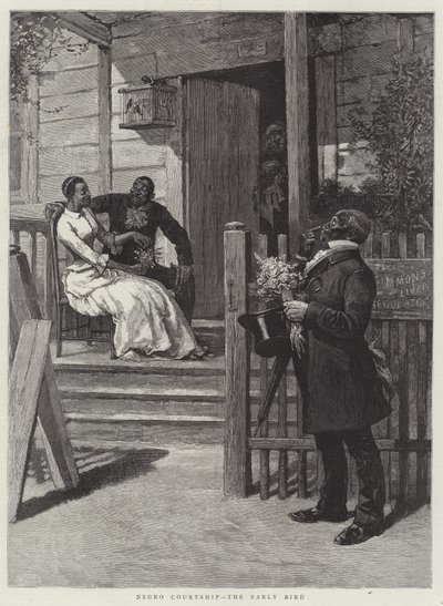 Zwarte Hofmakerij, de Vroege Vogel (gravure) door English School