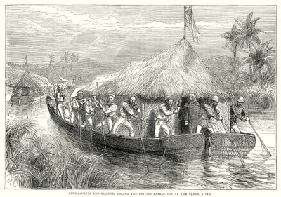 Blauwjassen en mariniers polsen de Britse expeditie de Perak rivier op (gravure) door English School