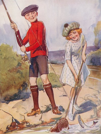 Jongen en meisje vangen een vis (kleurenlitho) door English School