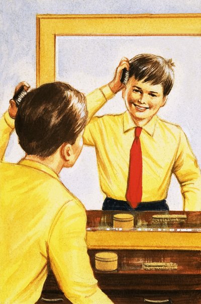Jongen die zijn haar borstelt in een spiegel met een dunne laag zilver door English School