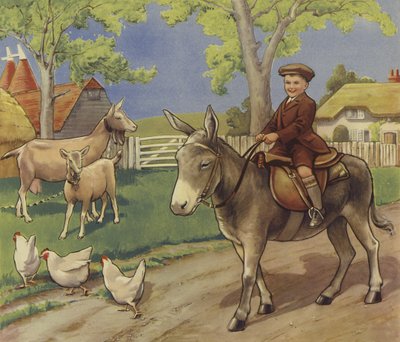 Jongen die op een ezel rijdt in het Engelse platteland door English School
