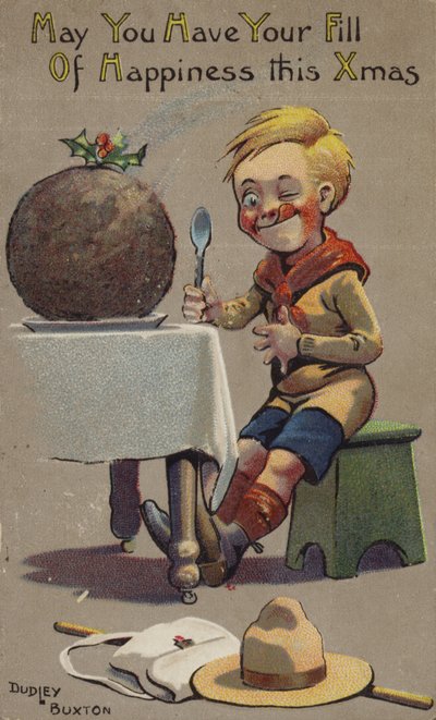 Padvinder staat op het punt om kerstpudding te eten door English School