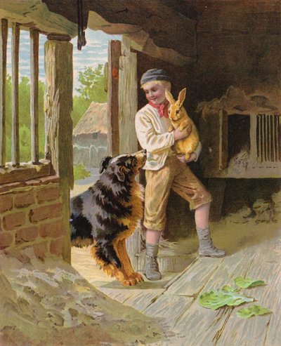 Jongen met een hond en een konijn op een boerderij door English School