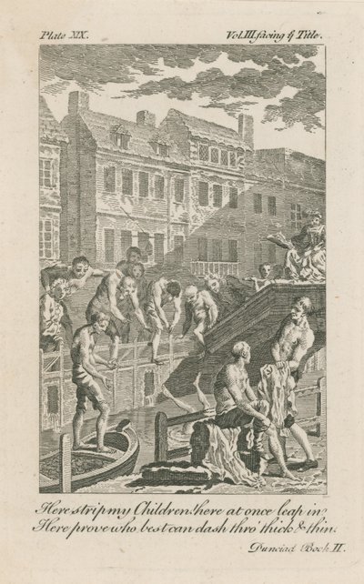 Jongens baden in de Fleet Ditch bij Bridewell Bridge in 1728 door English School