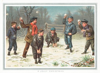 Jongens houden sneeuwballengevecht, Kerstkaart door English School