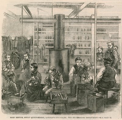 Jongensopvang, Great Queen Street, Lincolns Inn Fields, Londen - de schoenmakerij door English School