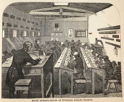 Jongensschool in Tothill Fields Prison, illustratie uit The Criminal Prisons of London and Scenes from Prison Life door Henry Mayhew en John Binny, uitgegeven in 1862 door English School
