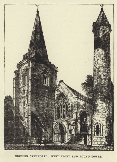 Brechin-kathedraal, westelijke gevel en ronde toren door English School