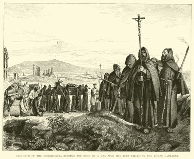 Broeders van de Misericordia dragen het lichaam van een man die is gedood in de Romeinse Campagna door English School