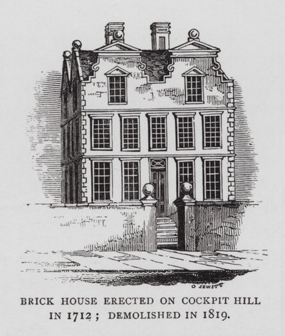 Bakstenen Huis gebouwd op Cockpit Hill in 1712; gesloopt in 1819 door English School