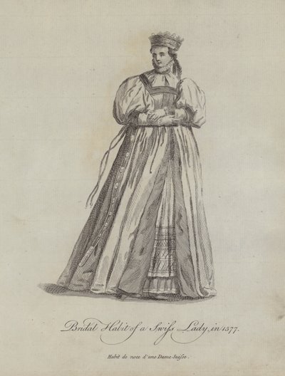 Bruidsgewoonte van een Zwitserse dame in 1577 (gravure) door English School