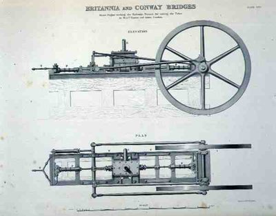 Britannia en Conway Bruggen: Stoommachine die de hydraulische persen bedient voor het heffen van de buizen, door Messrs Easton en Amos uit Londen door English School