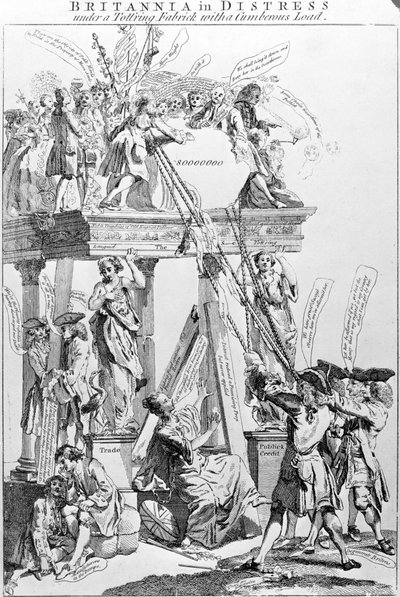 Britannia in nood onder een wankel gebouw met een zware last, circa 1756 door English School