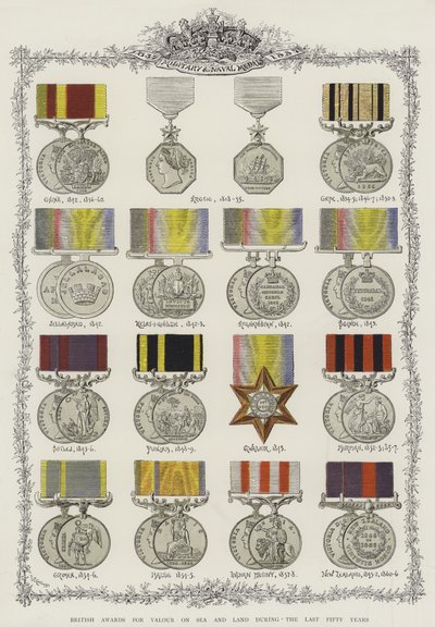 Britse onderscheidingen voor moed op zee en land gedurende de laatste vijftig jaar (chromolitho) door English School