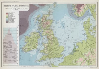 Britse eilanden en Noordzee met hoogte van land en diepte van zee door English School
