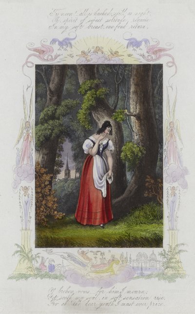 Britse Valentijnskaart met een afbeelding van een vrouw tussen een groep bomen door English School