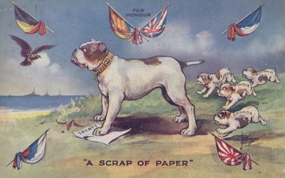 Britse bulldog staande op het verdrag van Groot-Brittannië met België door English School