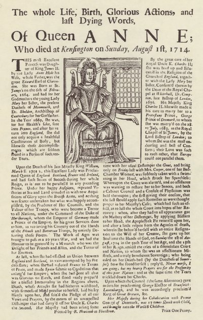 Pamflet gepubliceerd bij de dood van koningin Anne door English School