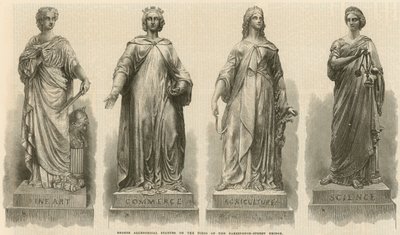 Bronzen allegorische beelden op de pijlers van de Farringdon Street Bridge (gravure) door English School