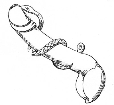 Bronzen amulet met een fallus omcirkeld door een slang door English School