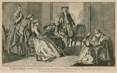 Huizen bouwen met kaarten, van een origineel schilderij in de Vauxhall Gardens, Londen door English School