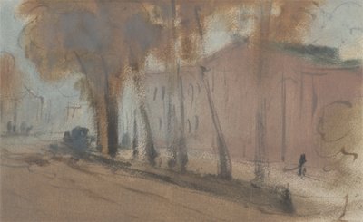 Gebouw met bomen (studie voor Chelsea Embankment) door English School