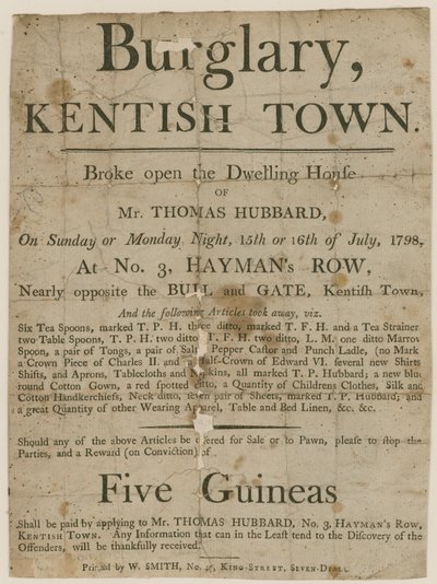 Inbraak in Kentish Town in 1798. Beloning van £5 door English School