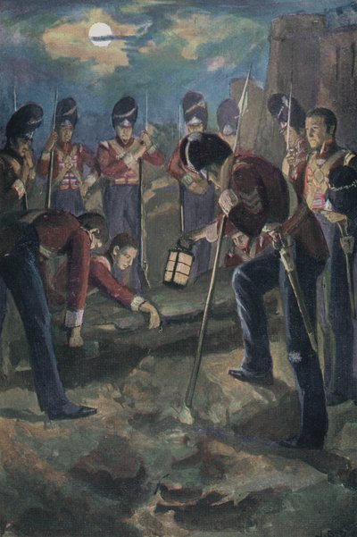 Begrafenis van generaal Sir John Moore na de Slag bij Corunna, Spanje, Peninsulaire Oorlog, 1809 door English School