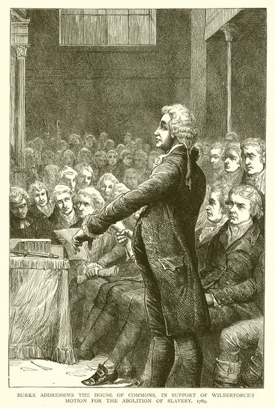 Burke spreekt het Lagerhuis toe ter ondersteuning van Wilberforce