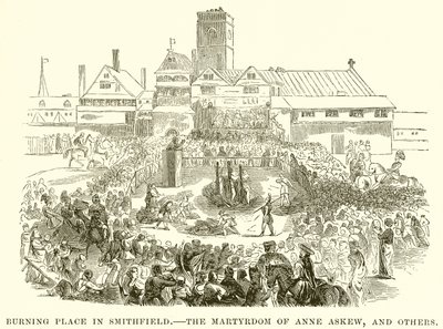 Brandend paleis in Smithfield. Het martelaarschap van Anne Askew en anderen door English School